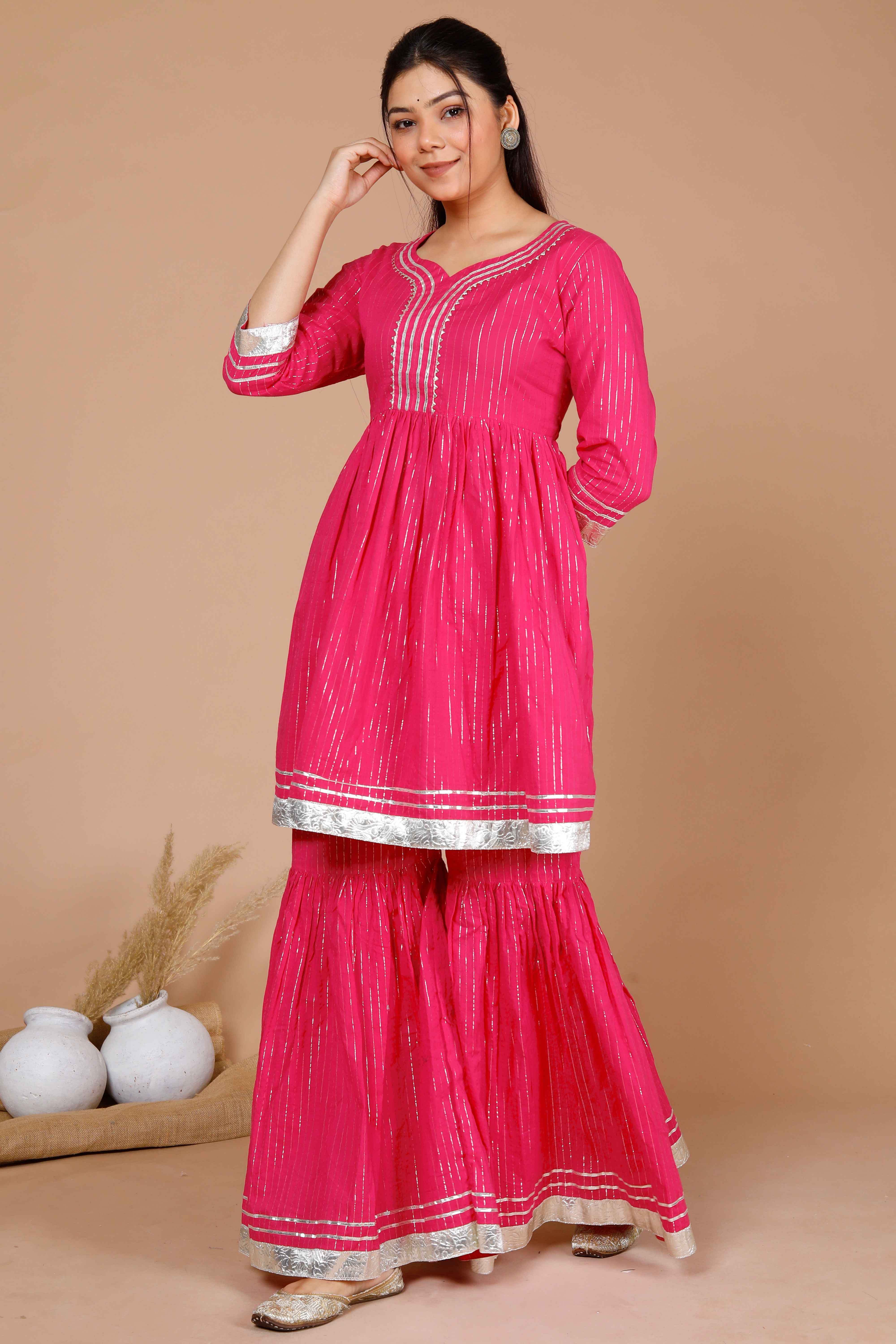 Pink Printed A-Line Gotta Patti Lurex Cotton Kurti with Sharara Set